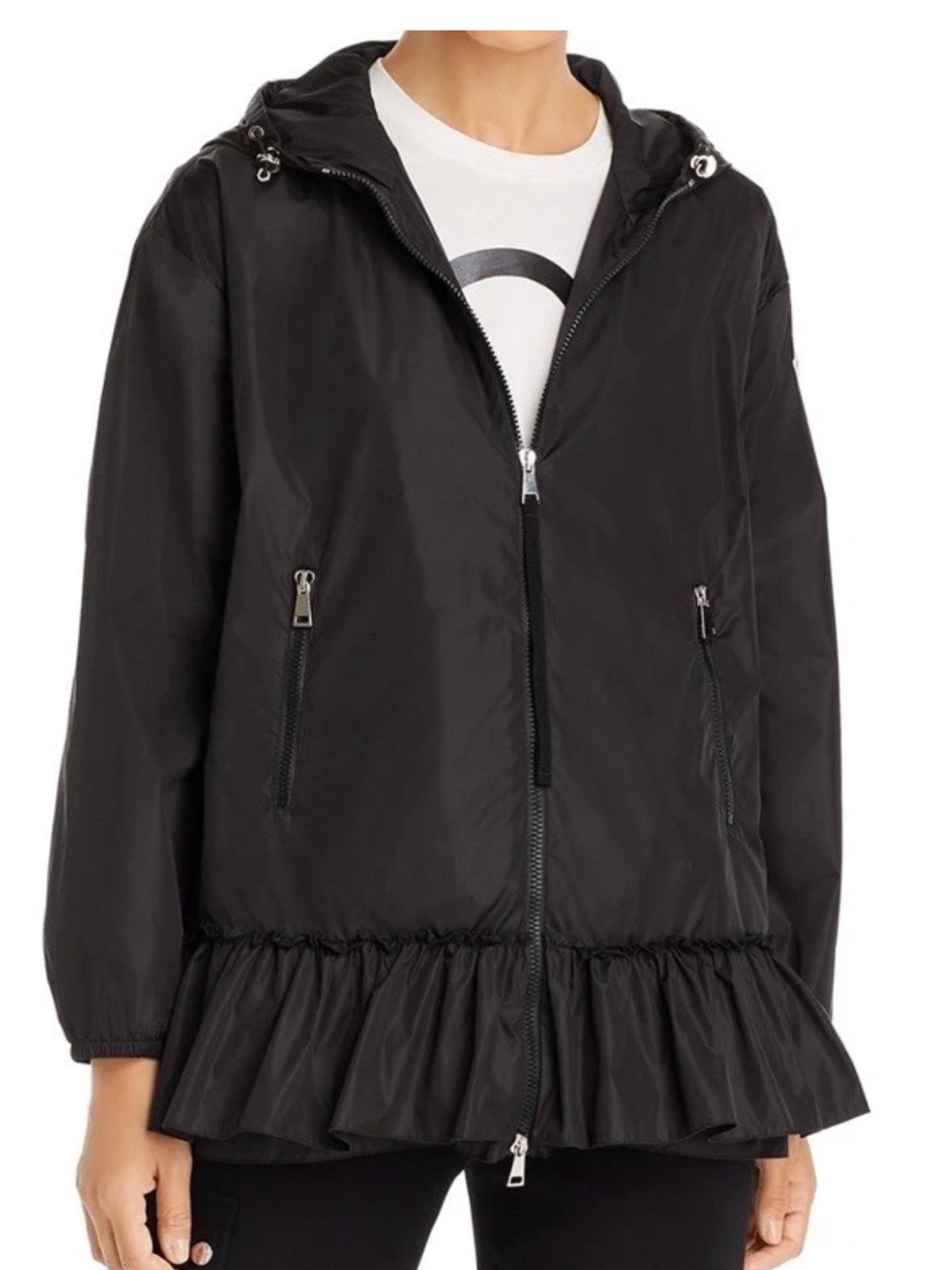 NWT Moncler Sarcelle Peplum Ruffle Hem Rain Jacket Black Size 0 XS
